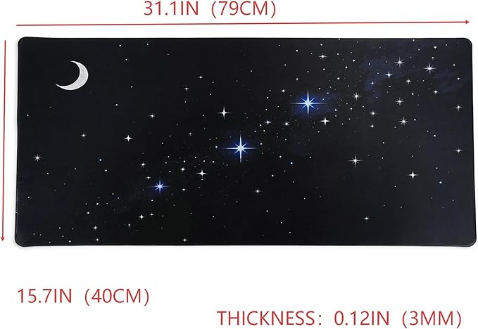 Extended Gaming Mouse Pad, Night Sky with Moon and Stars Design, 31.1x15.7 Inches, 0.12 Inch Thick, Cloth and Rubber Material, Stitched Edges