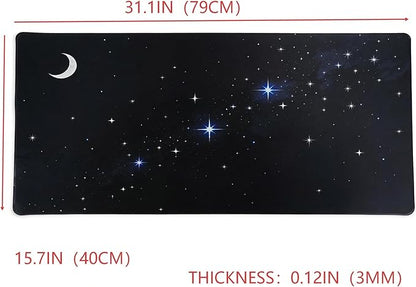 Extended Gaming Mouse Pad, Night Sky with Moon and Stars Design, 31.1x15.7 Inches, 0.12 Inch Thick, Cloth and Rubber Material, Stitched Edges
