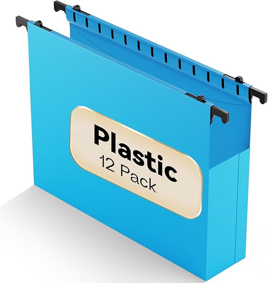 Plastic Hanging File Folders Expandable,12 Pack Extra Capacity Hanging File Folder Letter Size,2 Inch Expansion Heavy Duty Folders,Adjustable Tabs,Hanging Folder Designed for Bulky Files(Blue)