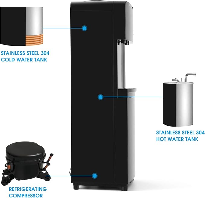 Water Coolers 5 Gallon Top Load,Hot/Cold Water Cooler Dispenser, Innovative Slim Design Energy Saving Freestanding with Child Safety Lock for Home or Office Black
