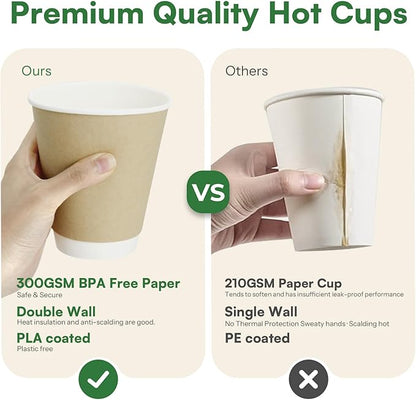 Coffee Cups 16 oz Disposable Paper Cups,100 Pack Compostable Double Wall Hot Cups, BPI Certified BPA Free Paper Cups, Natural Kraft To Go 16oz Disposable Cups for Office Cafe Home Party Travel
