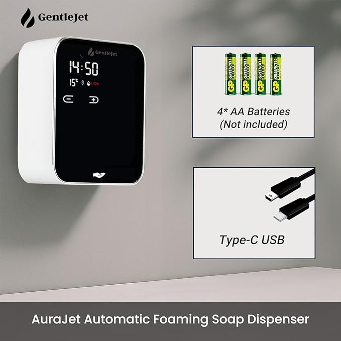 AuraJet Automatic Foaming Soap Dispenser, LED Display, Aluminum Alloy Body, 5 Foam Levels Adjustable, USB-C or Battery Powered, 16.2 oz Automatic Soap Dispenser Touchless Wall Mount