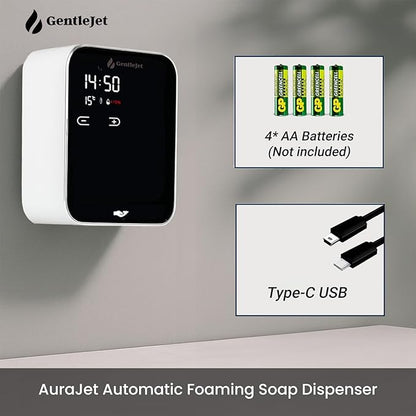 AuraJet Automatic Foaming Soap Dispenser, LED Display, Aluminum Alloy Body, 5 Foam Levels Adjustable, USB-C or Battery Powered, 16.2 oz Automatic Soap Dispenser Touchless Wall Mount