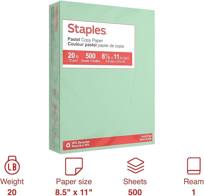 Staples Pastel 30% Recycled Color Copy Paper, 20 lbs., 8.5" x 11", Green, 500/Ream