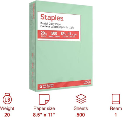 Staples Pastel 30% Recycled Color Copy Paper, 20 lbs., 8.5" x 11", Green, 500/Ream