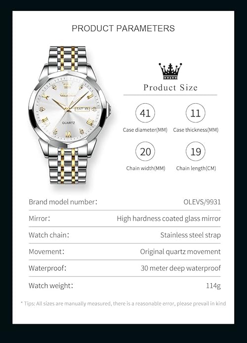 OLEVS Mens Watch Stainless Steel Analog Quartz Watches for Men Day Date Easy Read Diamond Waterproof Dress Luxury Classic Casual Big Face Blue/Black/Gold/Silver Roman Arabic Numerals Men's Wrist Watch