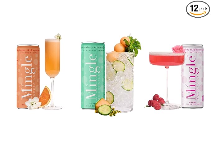 Mingle Mocktails Variety Pack, Premium Non-Alcoholic Drinks, Cucumber Melon Mojito, Blood Orange Mimosa, Raspberry Rose, Zesty Pre-Mixed Drinks, Canned Mocktails, 12 fl. oz. Cans, Pack of 12