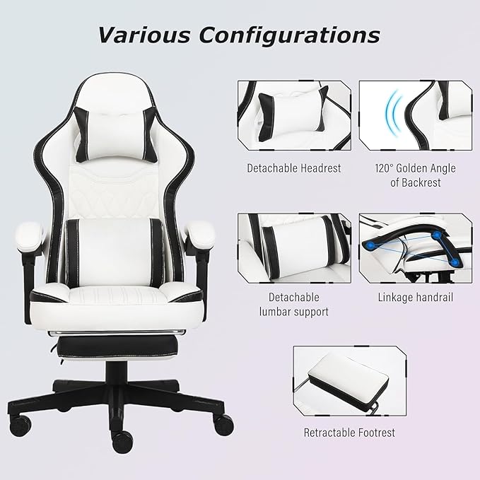 Gaming Chair, Computer Gaming Chairs with Footrest, Linkage Armrests and Lumbar Support, High Back Ergonomic Office Chair for Adults, Big and Tall Desk Chair(WhiteBlack)