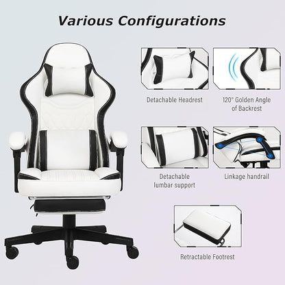 Gaming Chair, Computer Gaming Chairs with Footrest, Linkage Armrests and Lumbar Support, High Back Ergonomic Office Chair for Adults, Big and Tall Desk Chair(WhiteBlack)