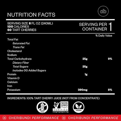 Cheribundi 100% Tart Cherry Juice Pure | Unsweetened Tart Cherry Juice | Athletes Recovery Drink | Promotes Restorative Sleep, Muscle Recovery & Boosts Athletic Performance | 8 floz (12 Pack)