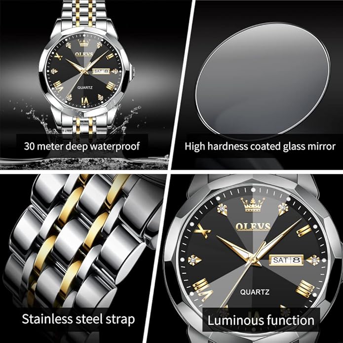 OLEVS Mens Watch Stainless Steel Analog Quartz Watches for Men Day Date Easy Read Diamond Waterproof Dress Luxury Classic Casual Big Face Blue/Black/Gold/Silver Roman Arabic Numerals Men's Wrist Watch