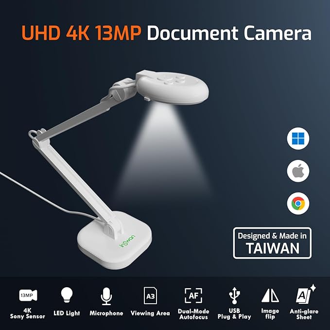 INSWAN INS‑2 4K USB Document Camera – 13MP, Dual Auto‑Focus, LED Light and Microphone, Plug & Play, Mac, Windows, iPad, Chromebook, A3 Capture – Ideal for Teachers and Classrooms