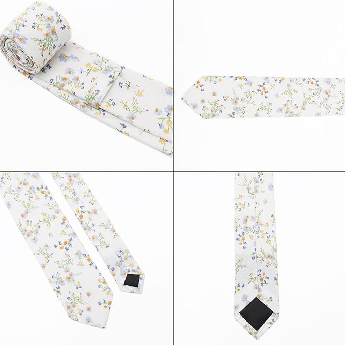 Cotton Floral Ties for Men 2.76" Men's Skinny Tie Linen Flower Printed Neck Tie for Wedding Dating Party