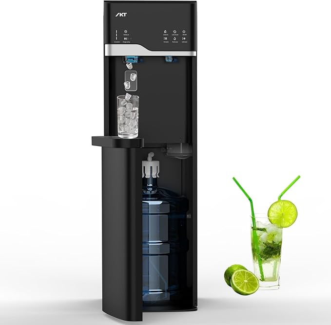 IKT Self Cleaning 4 in 1 Water Cooler Dispenser with Ice Maker for 5 Gallon Bottle Bottom Load 22lbs Daily Capacity Child Safety Lock Empty Bottle Light Black