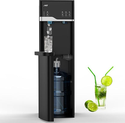 IKT Self Cleaning 4 in 1 Water Cooler Dispenser with Ice Maker for 5 Gallon Bottle Bottom Load 22lbs Daily Capacity Child Safety Lock Empty Bottle Light Black