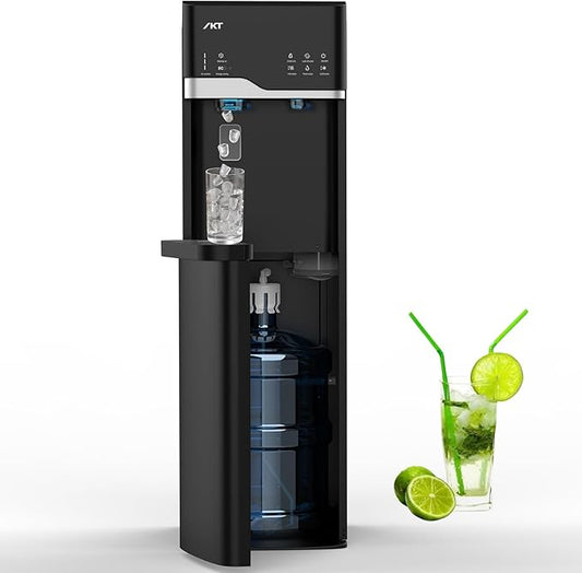 IKT Self Cleaning 4 in 1 Water Cooler Dispenser with Ice Maker for 5 Gallon Bottle Bottom Load 22lbs Daily Capacity Child Safety Lock Empty Bottle Light Black