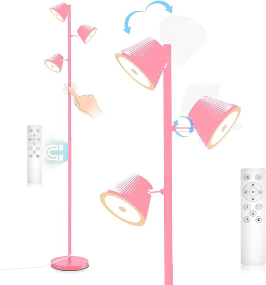42W LED Tree Floor Lamp, 68" Modern Dimmable Floor Lamps for Living Room with Remote & Touch Control, with 3 Rotatable Lights 4 Color Temperatures, Tall Standing Lamp for Bedroom Office, Pink