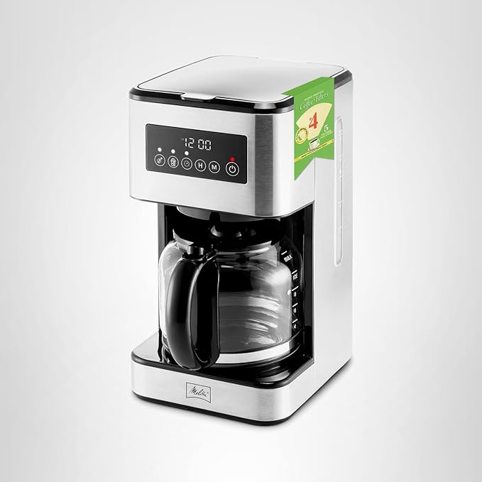 Melitta Aroma Series Programmable Drip Coffee Makers Parent (Aroma Tocco Plus Black and Stainless Steel 12 Cups) with 5-Pack Coffee Filters