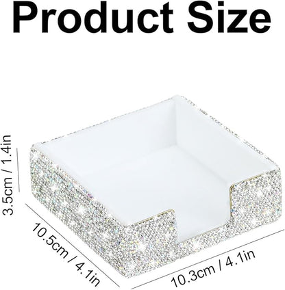 Buqoo Rhinestone Note Holder, Post It Note Dispenser Desk Organizer 4 x 4 Inches, Bling Postit Note Dispenser Post It Note Holder for Home Desk Office Supplies (Silver)
