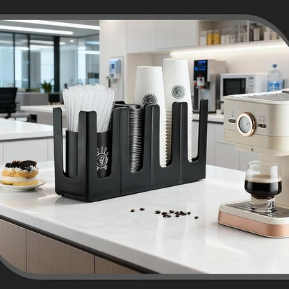 Coffee Cup Dispenser Plastic Disposable Paper Cup and Lid Holder with 4 Compartment Adjusting for Countertop Coffee Station Bar Office Home Restaurant Kitchens (Black)