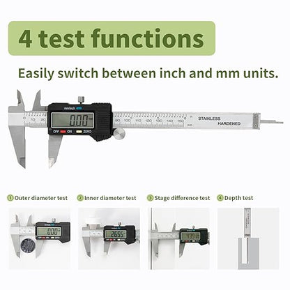 Digital Caliper 0-6" Measuring Tool with Metal Ruler, Micrometer Caliper with Auto-Off Feature, Interchangeable Between inches and millimeters for DIY/Household and 3D Printing, Black