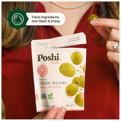 POSHI Green Pitted Olives - Chili & Oregano | Vegan, Kosher, Gluten Free + Keto Friendly, Fresh, All Natural Low Calorie Healthy Snacks | (30 Pack, 1.1oz Bags)