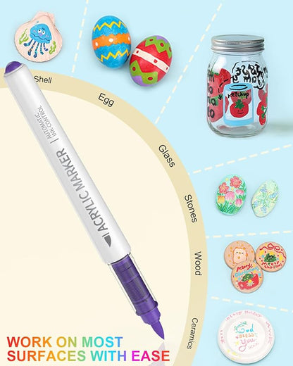36 Colors Acrylic Paint Markers Brush Tip, Water-Based Paint Pens with Automatic Ink Control for Arts & Crafts, School, Classroom, Works on Paper, Metal, Wood, Ceramic, Glass, Rock, Canvas