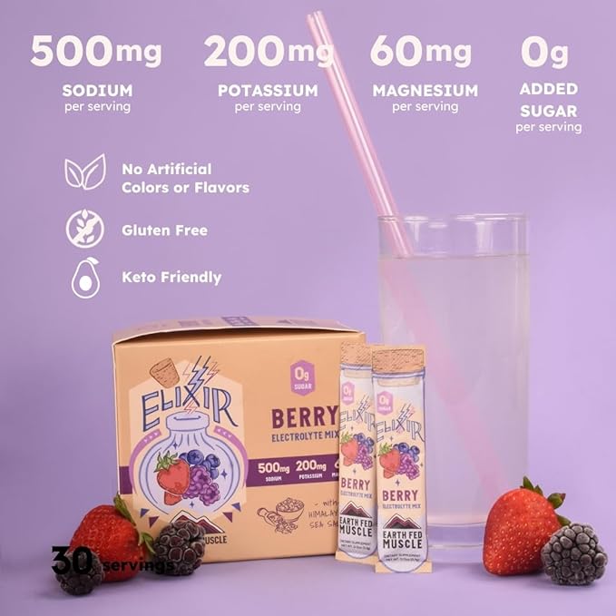 Earth Fed Muscle Elixir Berry Instant Hydration Electrolyte Packets Drink Mix – Zero Calorie, Sugar-Free, 30 Sticks Pack – Cure Electrolytes & Dehydration Relief