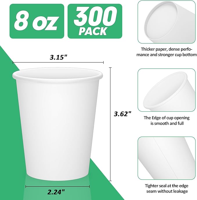 8 oz Paper Cups, 300 Pack 8oz Disposable Paper Coffee Cups, Coffee Cups 8 oz for Cold and Hot Drinks, White Paper Drinking Cups for Parties, Picnic, Cafes, Bistros and Events