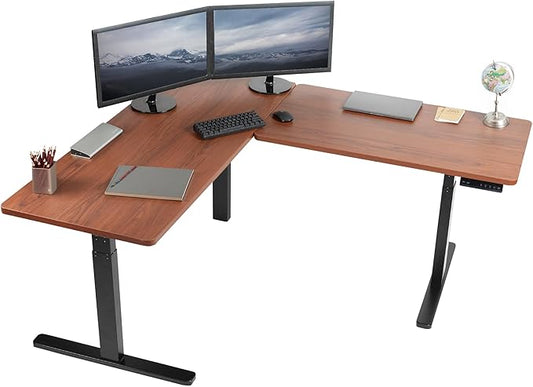 VIVO Electric Height Adjustable 67 x 60 inch Corner Stand Up Desk, 2 Dark Walnut Solid Table Tops, Black Frame, Memory Controller, L-Shaped Workstation, 3E Series, DESK-KIT-3E6D