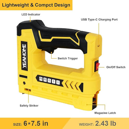 YEAHOME Electric Staple Gun, 5 in 1 Cordless Staple Gun for Upholstery with 1200 5/16" Staples, 600 1/2" U-Shape Staples, 600 19/32” pin Nails, 60019/32” Nails and 1 USB Charger Cable
