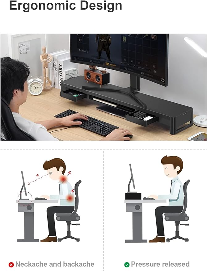 meatanty Dual Monitor Stand Riser with 2 Storage Drawers and 4 USB Ports, Metal Stand for 2 Monitors Supports Data Transfer and Charging, Desk Organizer for PC, iMac (38.7 inches)