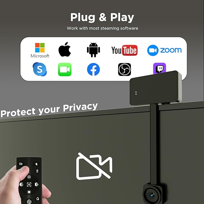 4K Webcam for PC with Remote Control, Ultra HD 1/2.55'' Sensor, Autofocus, 10x Digital Zoom, Low Light Performance, Streaming Webcam for PC/Video Calling/Zoom/Skype/Teams