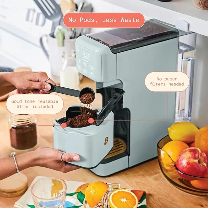 Beautiful Single Serve Coffee Maker with Built-In Burr Grinder, Hot or Iced, Pod-Free, 6 Brew Sizes, 3 Strengths, Touch Display, Reusable Filter, 64oz Reservoir, Slim Design (Hydrangea)