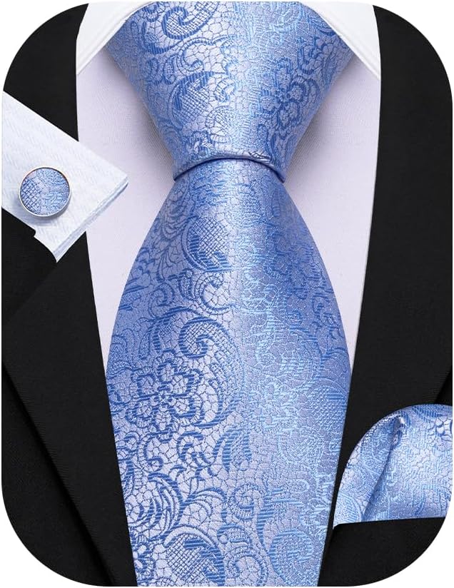 Barry.Wang Tie Sets for Men Silk Solid Necktie Stain Ties Handkerchief Pocket Square Cufflinks Wedding Business Dyed