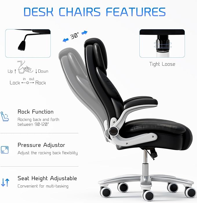 GYI Big and Tall Office Chair 400lb Wide Seat, Ergonomic High Back Leather Executive Desk Chair with Flip-up Arms, Black