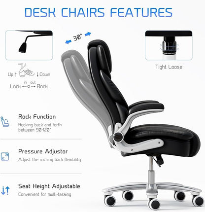 GYI Big and Tall Office Chair 400lb Wide Seat, Ergonomic High Back Leather Executive Desk Chair with Flip-up Arms, Black