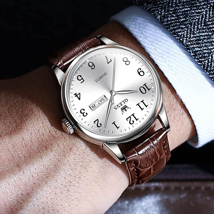 OLEVS Watch Men Mens Watches Watches for Men Leather Band Classic Brown Leather Watch Men, Analog Watch Men, Black Mens Leather Watch, Dress Waterproof Large Face Mens Watch,Relojes para Hombres Watch