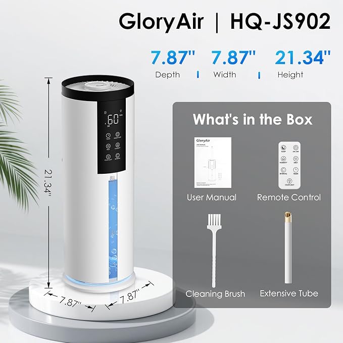 Humidifiers for Large Room - GloryAir 2.11Gal (8L) Quiet Top Fill Cool Mist Humidifier Whole Home 550 ft² 120H Runtime with Humidistat, Auto Mode Diffuser 7-Color Light for Bedroom House Plants Baby