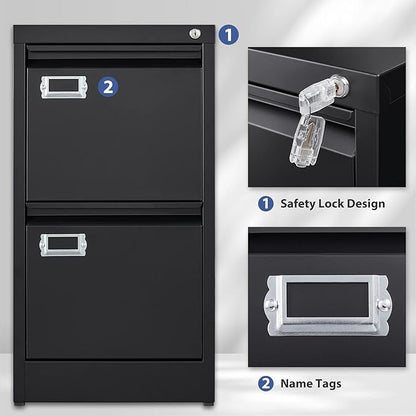 2 Drawer File Cabinet, Filing Cabinets for Home Office, Metal Vertical File Storage Cabinet with Lock, Locking File Cabinet for A4 Legal/Letter, 15.1" W x 17.7" D x 28.7" H, Assembly Required