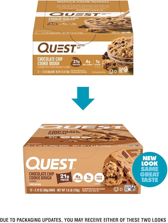 Quest Nutrition Chocolate Chip Dough Cookie Protein Bars, 21g Protein, 1g Sugar, 4g Net Carb, High Fiber, Gluten Free, Keto Friendy, 12 Count