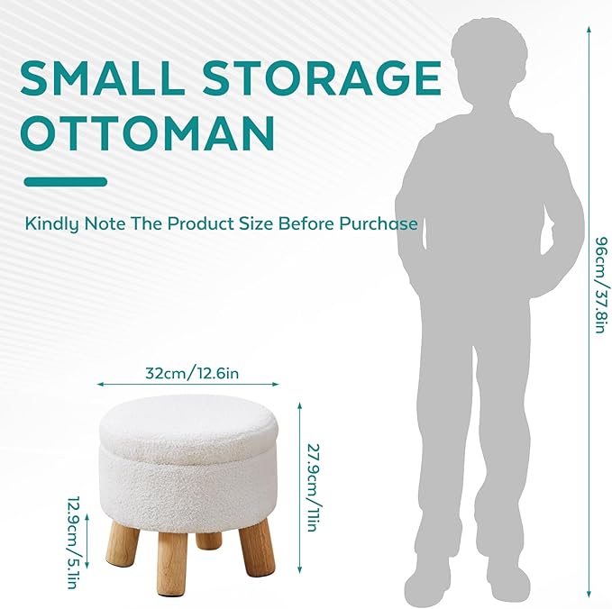 Small Foot Stool Ottoman with Storage, Sherpa Ottoman Foot Rest for Couch, Round Footstool with Storage, Small Ottomans and Footstools for Living Room and Entryway (White)