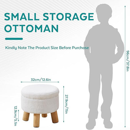 Small Foot Stool Ottoman with Storage, Sherpa Ottoman Foot Rest for Couch, Round Footstool with Storage, Small Ottomans and Footstools for Living Room and Entryway (White)