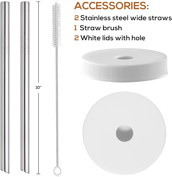 [ 8 Pack ] Glass Juicing Bottles with 2 Straws & 2 Lids w Hole- 16 OZ Travel Drinking Jars, Water Cups with Black Airtight Lids, Reusable Tall Mason Jar for Juice, Bubble Tea, Smoothie, Tea, Kombucha