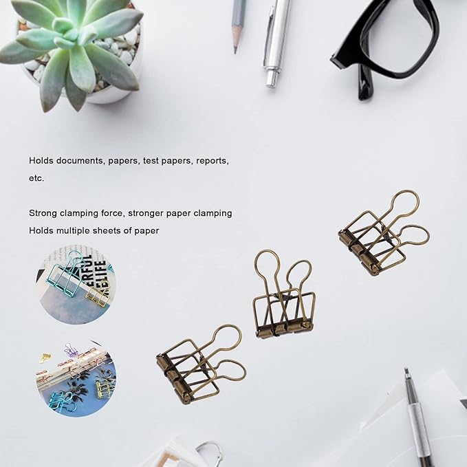 Clips 32mm Metal, 50 Pieces Strong Clamping Force, Hollow Design, Bronze - Assorted Sizes, Medium Shaped Paper Clips, Cute Office and School Supplies (Antique Bronze)