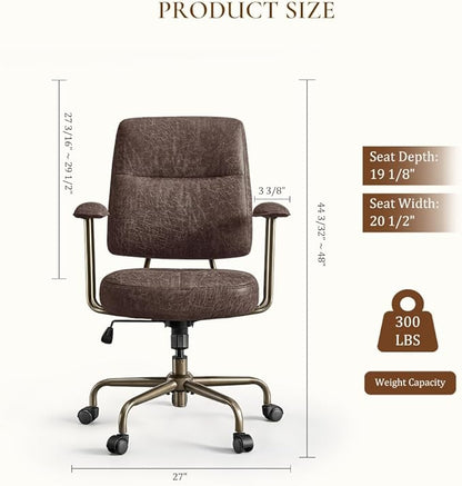 EUREKA ERGONOMIC Becky Mid Century Modern Office Desk Chairs Leather, Comfy Office Chair with Lumbar Support and Arms, Mid-Back, Comfortable Thick Cushion, Height Adjustable, 360°Swivel, Brown