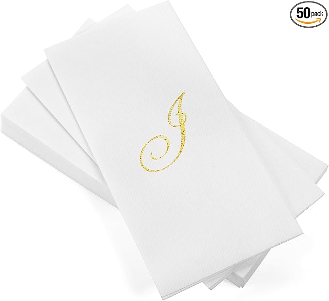 AMERICAN HOMESTEAD Disposable Hand Towels - Gold Foil Monogrammed Guest Napkins - Linen-Like Bathroom Paper Towels for Guests - Perfect Wedding and Party Napkins - 50 Count (Gold I)