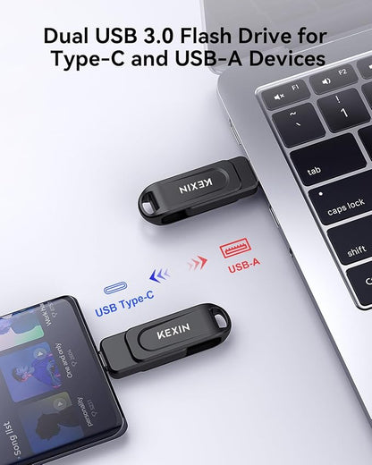 KEXIN 256GB Flash Drive Dual USB C Thumb Drive USB-A & Type-C 100MB/s Swivel USB Drive 256GB for Tablet iPhone 15/16 Car Game Console, Black