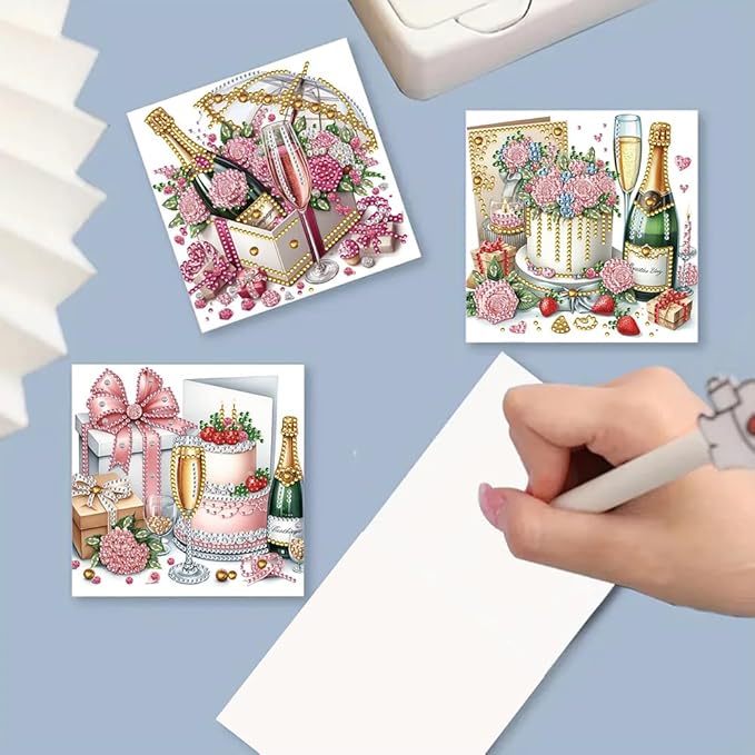 6pcs DIY Flowers Cake Diamond Art Painting Greeting Cards Kit, Rhinestone Art Holiday Birthday Card Set with Envelopes, DIY Festival Craft for Girlfriend, Christmas Valentine Gift Making Supplies