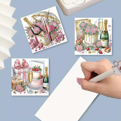 6pcs DIY Flowers Cake Diamond Art Painting Greeting Cards Kit, Rhinestone Art Holiday Birthday Card Set with Envelopes, DIY Festival Craft for Girlfriend, Christmas Valentine Gift Making Supplies